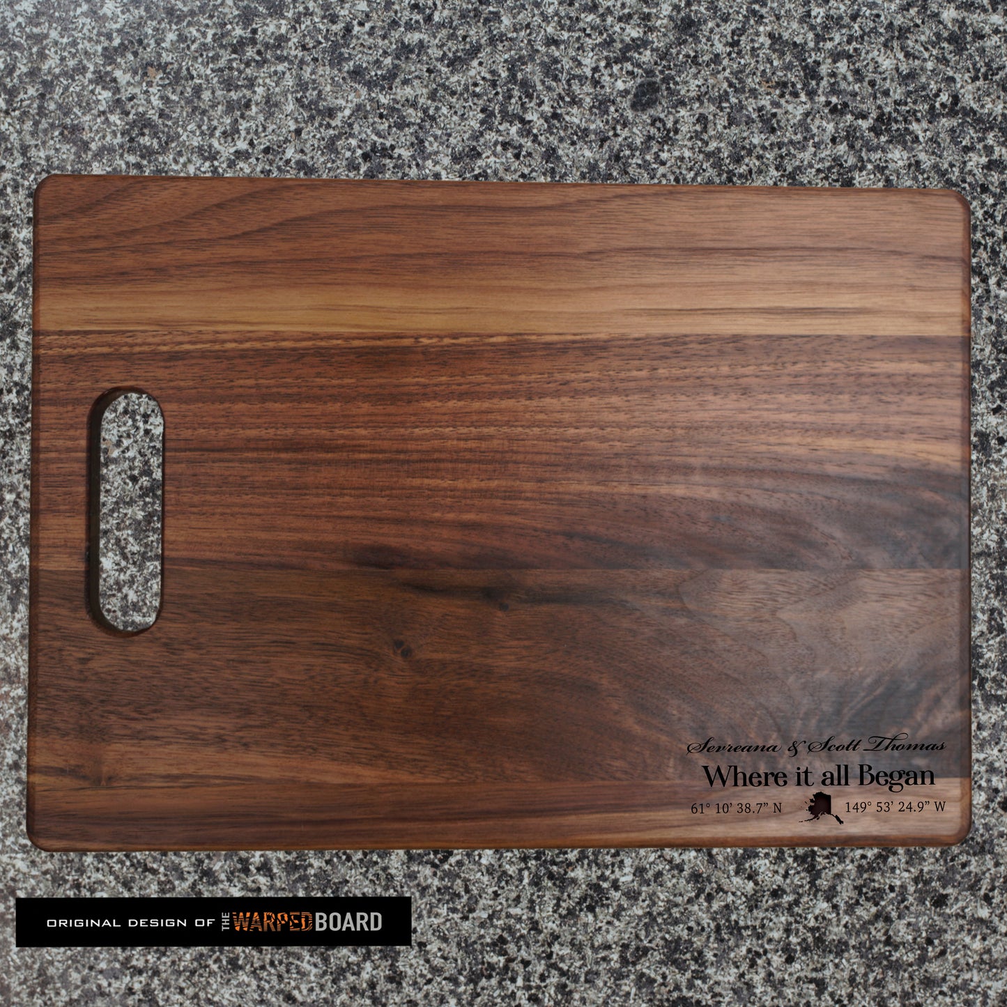Where it all began sign with custom coordinates and state Walnut Cutting Board