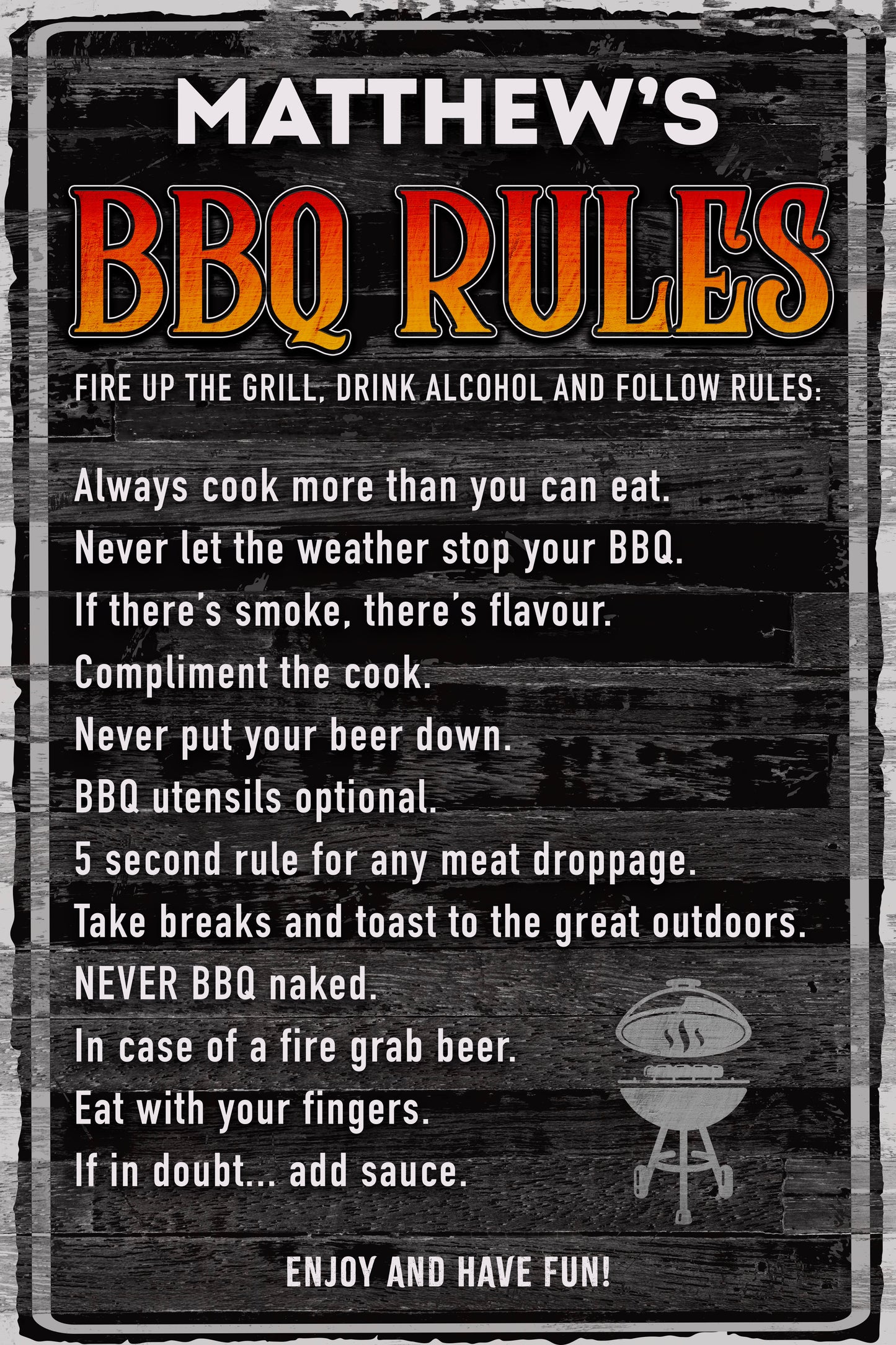 Personalized BBQ Rules Metal Sign | Custom Grill Master Gift | 3 Sizes | Durable Aluminum Outdoor Decor