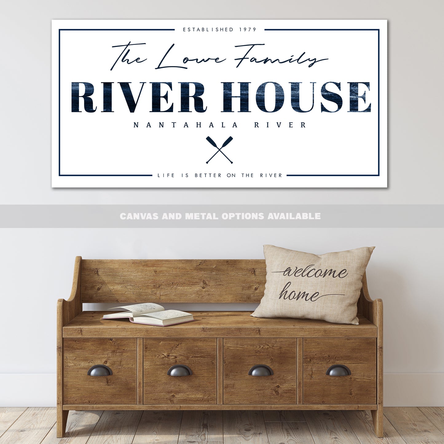 Personalized River House Sign - Custom Family Name, Location & Date - Canvas or Metal Options