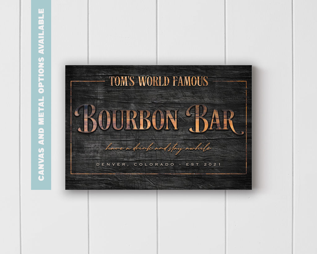 Bourbon  Bar Metal Sign | Personalized Wall Art for Home Bars - Charred Barrel