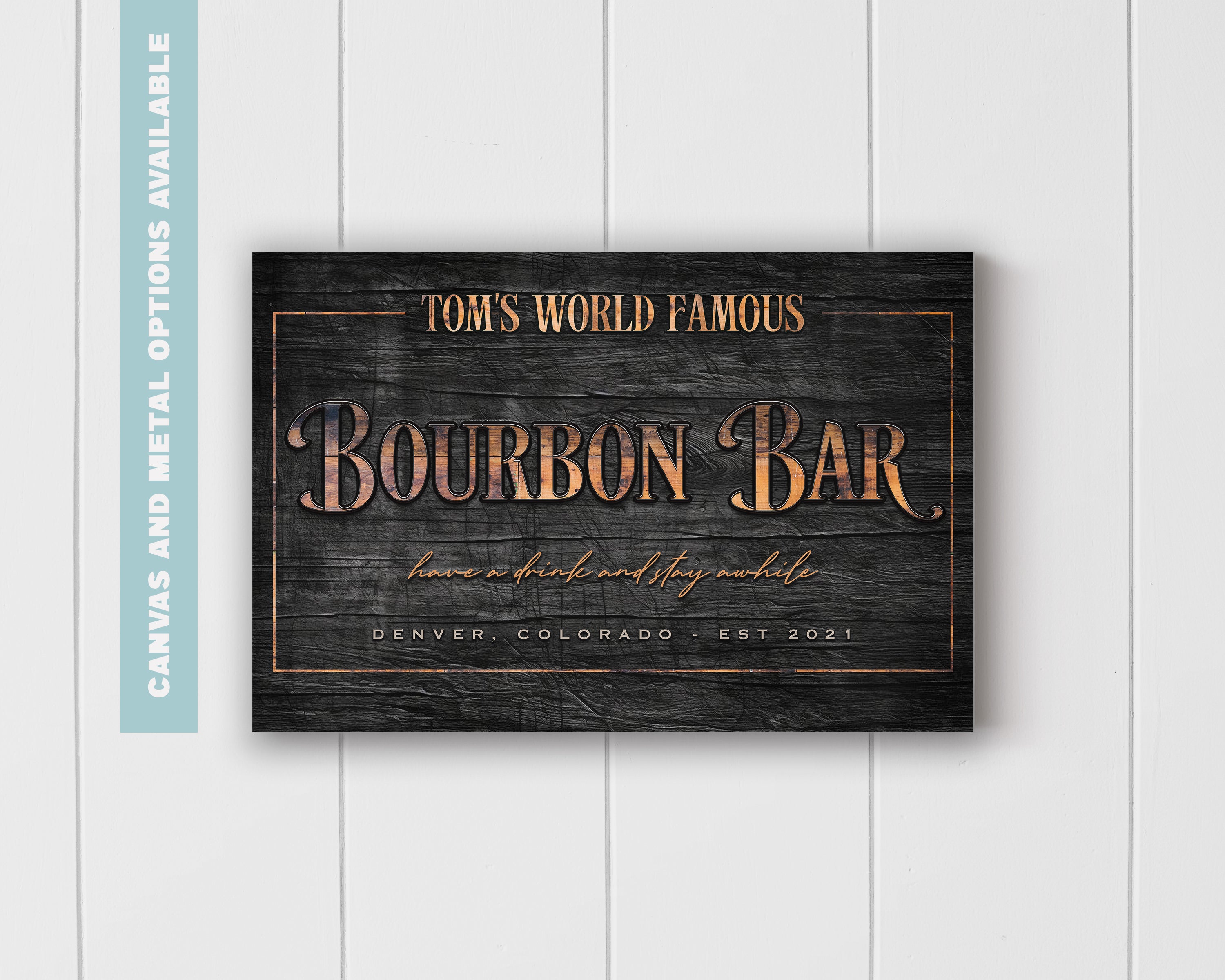 Bourbon  Bar Metal Sign | Personalized Wall Art for Home Bars - Charred Barrel