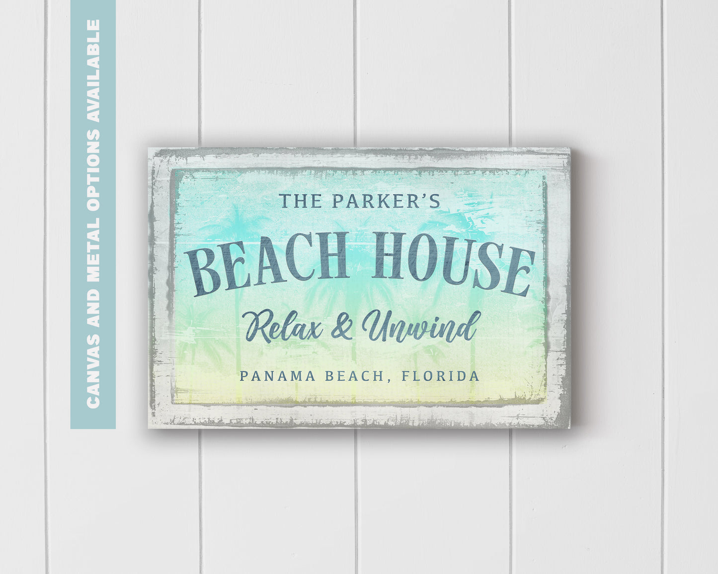 Personalized Beach House Sign #2 - Custom Family Name, Location & Date - Canvas or Metal Options