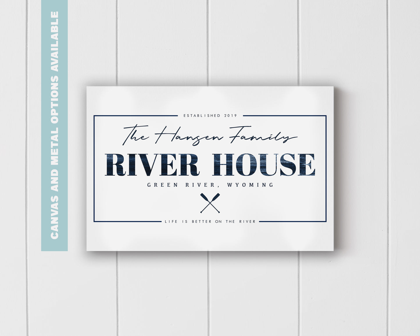 Personalized River House Sign - Custom Family Name, Location & Date - Canvas or Metal Options