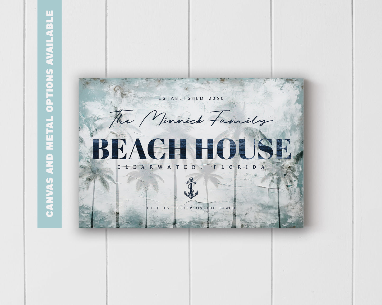 Personalized Beach House Sign #3 - Custom Family Name, Location & Date - Canvas or Metal Options