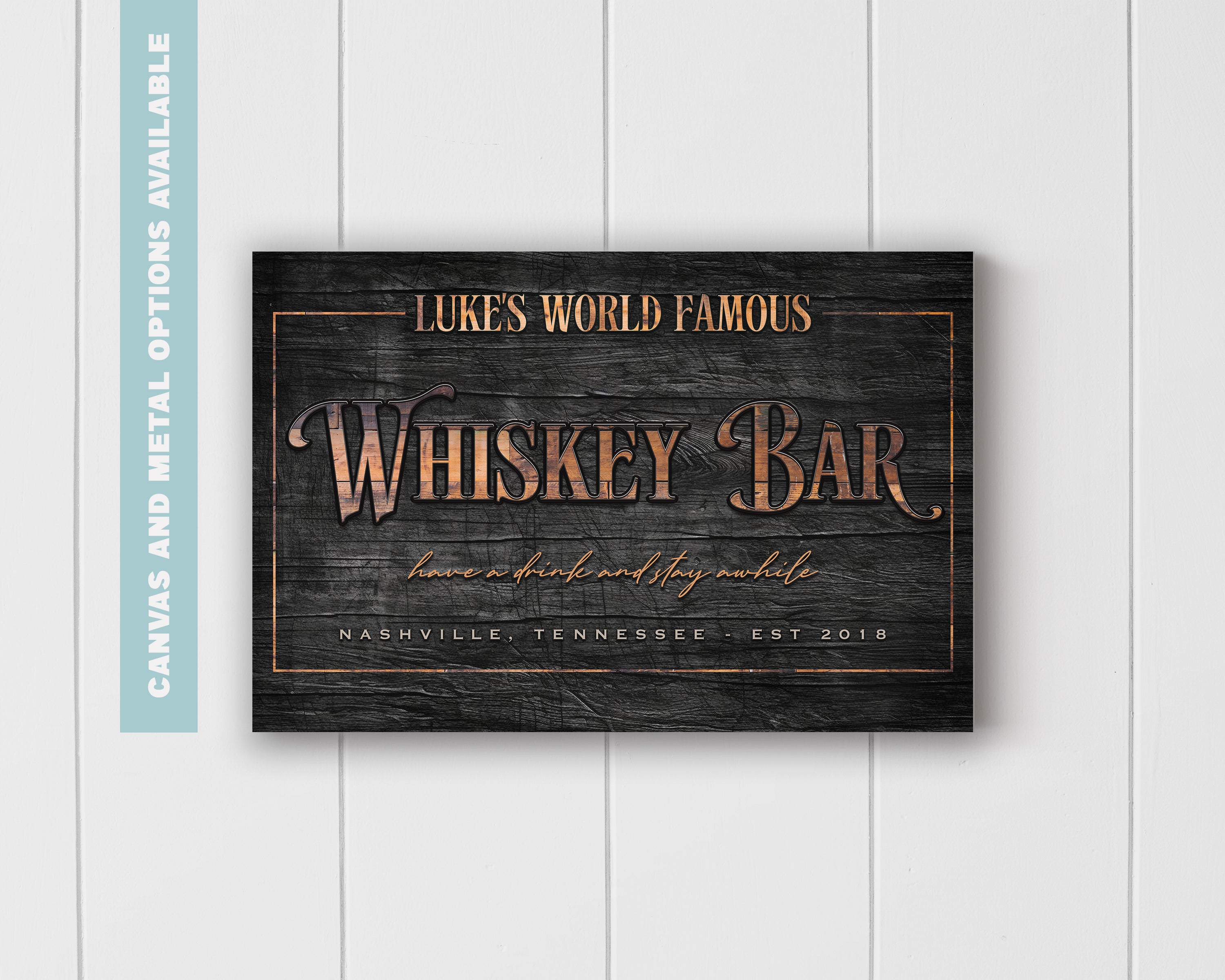 Whiskey Bar Metal Sign | Personalized Wall Art for Home Bars - Charred Barrel