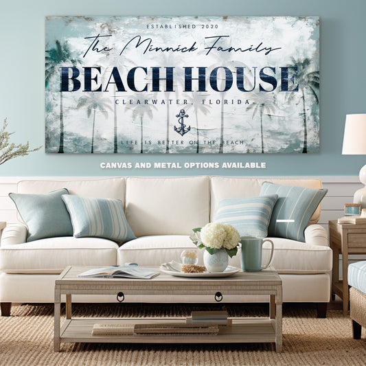 Personalized Beach House Sign #3 - Custom Family Name, Location & Date - Canvas or Metal Options