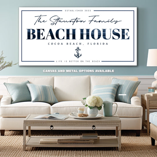 Personalized Beach House Sign #1 - Custom Family Name, Location & Date - Canvas or Metal Options