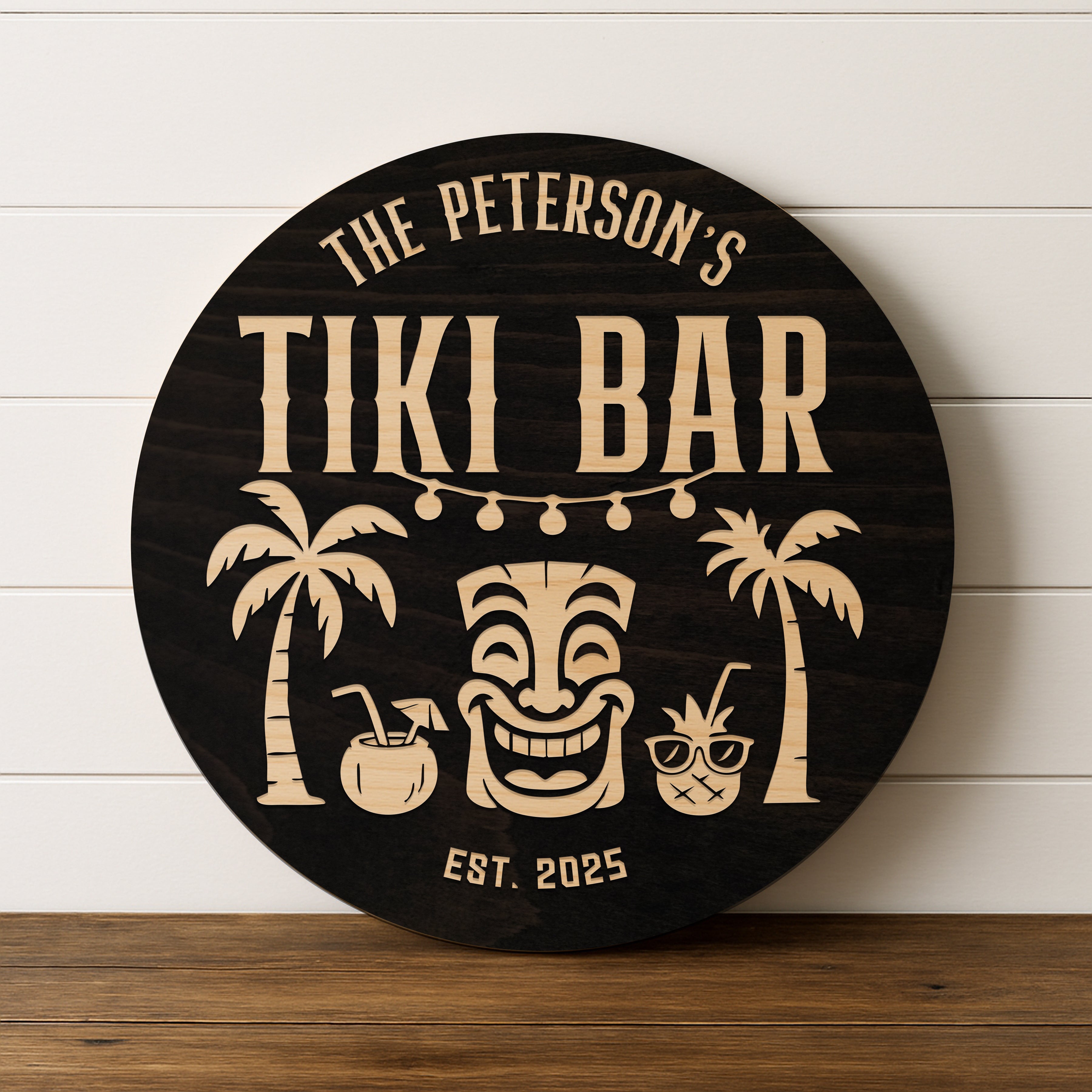 Dimensional Wood Round, Rustic Man Cave Gift, Home Bar Wall Art - Tiki Time Out
