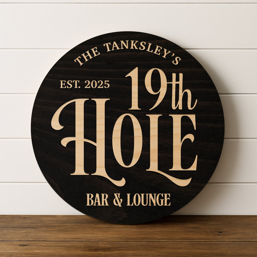 Dimensional Wood Round, Rustic Man Cave Gift, Home Bar Wall Art - 19th Hole
