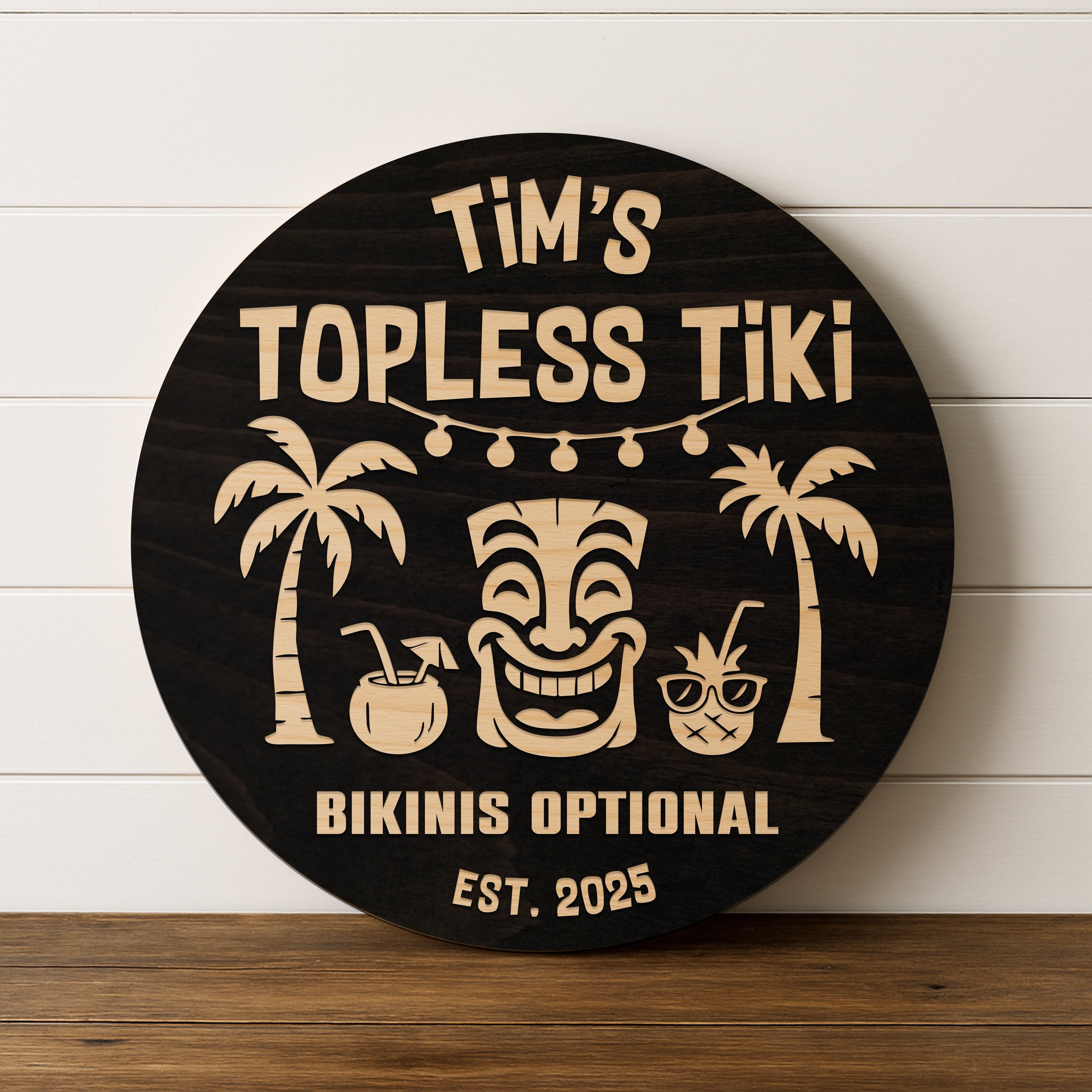 Dimensional Wood Round, Rustic Man Cave Gift, Home Bar Wall Art - Topless Tiki