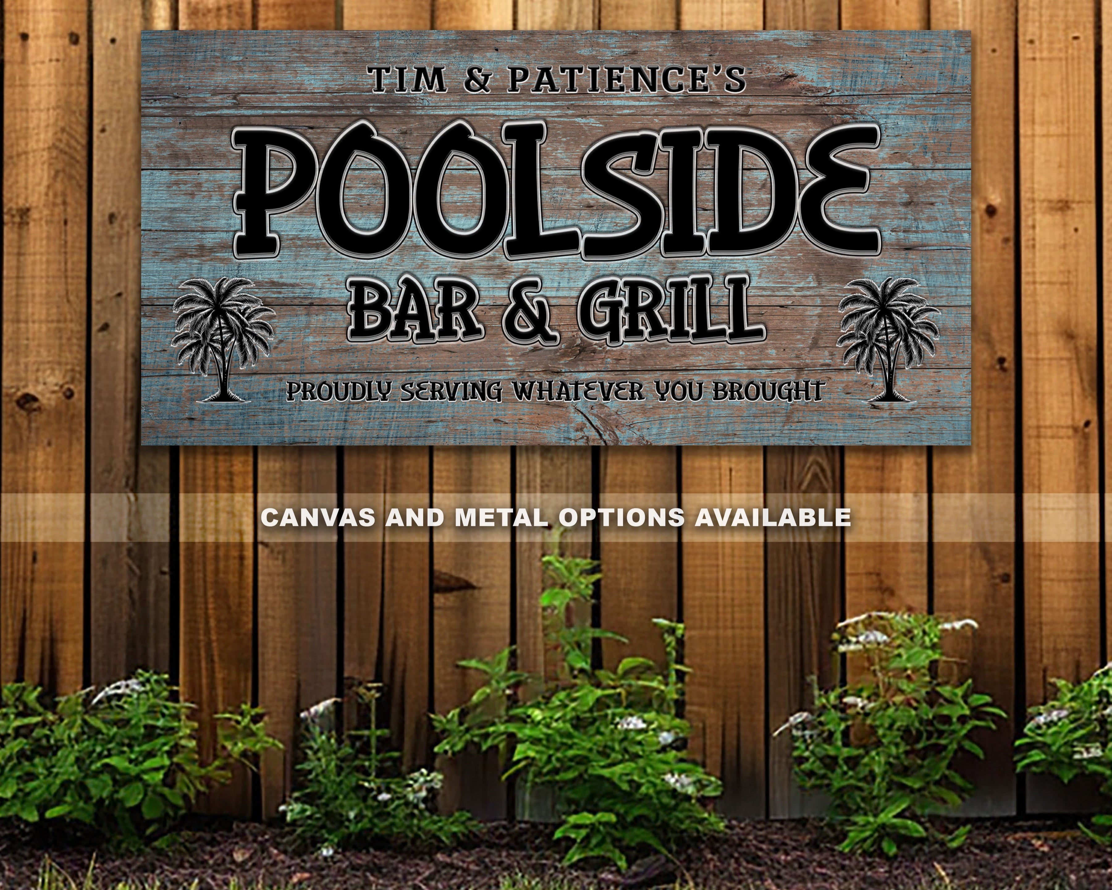 Poolside Bar & Grill Metal Sign | Rustic Backyard Decor – Tropical Tavern