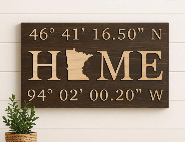 Custom wood sign with home GPS coordinates and state design