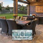 Tiki bar sign shown in patio setting
