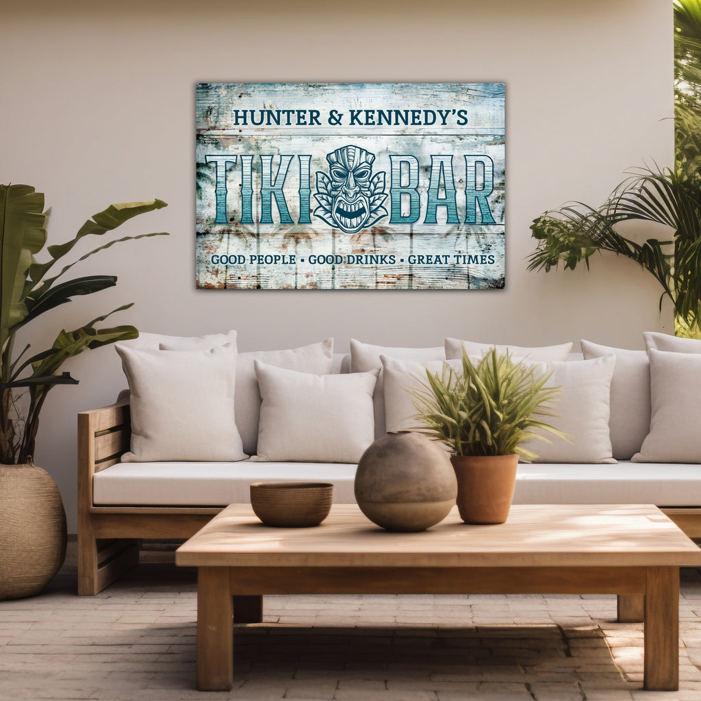 Tiki bar sign shown in patio setting