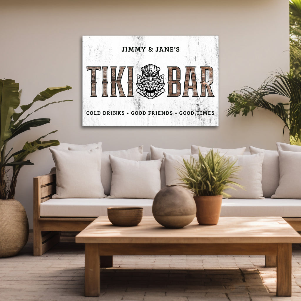 Tiki bar sign shown in patio setting