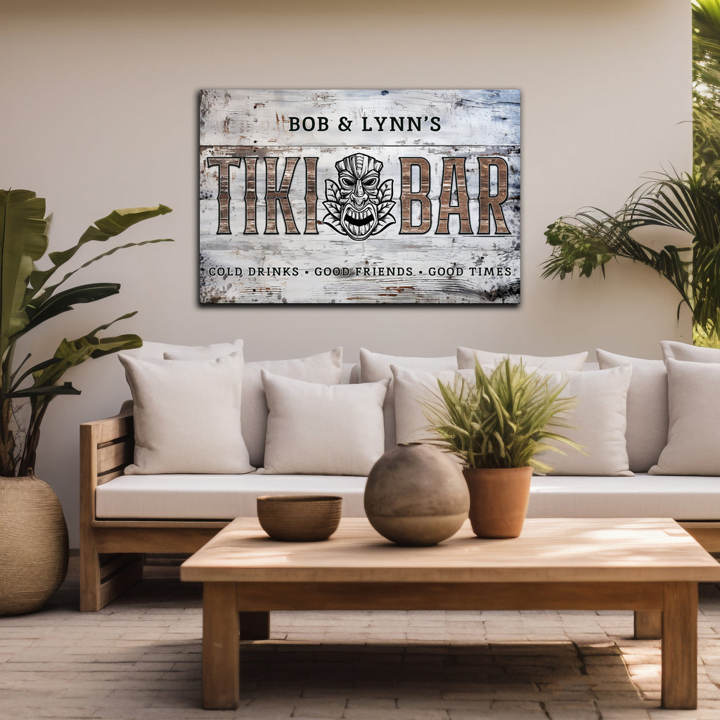 Tiki bar sign shown in patio setting