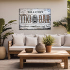 Tiki bar sign shown in patio setting