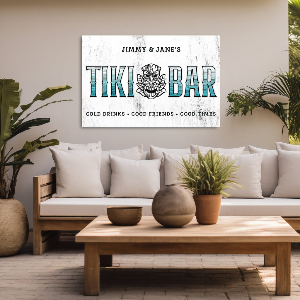 Tiki bar sign shown in patio setting