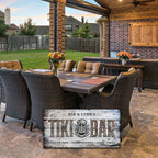 Tiki bar sign shown in patio setting