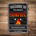 Personalized bonfire aluminum sign with What Happens Around the Fire design