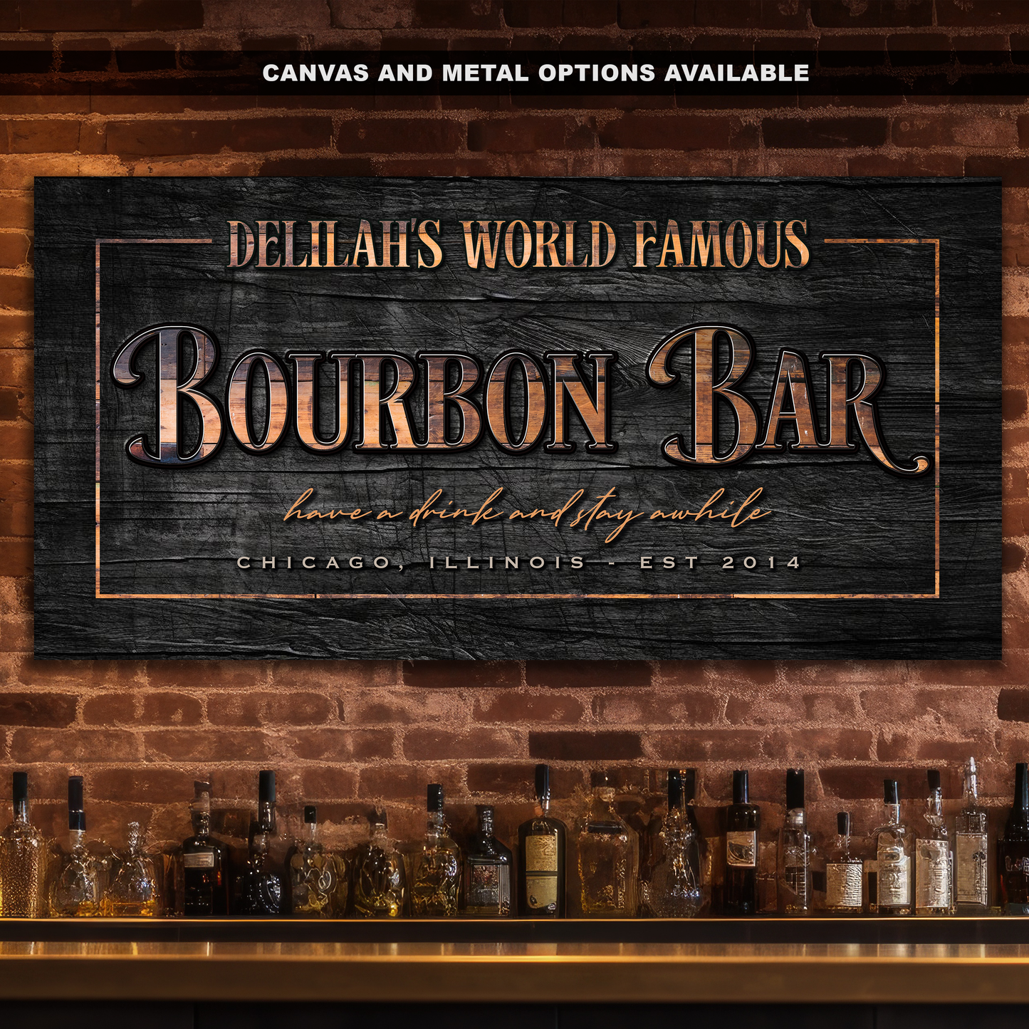 Custom Bourbon Bar Sign - Personalized Name, Established Date, and Location - Aluminum or Canvas - Perfect Home Bar Decor or New Home Gift