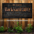Personalized backyard BBQ sign with Charred Barrel design