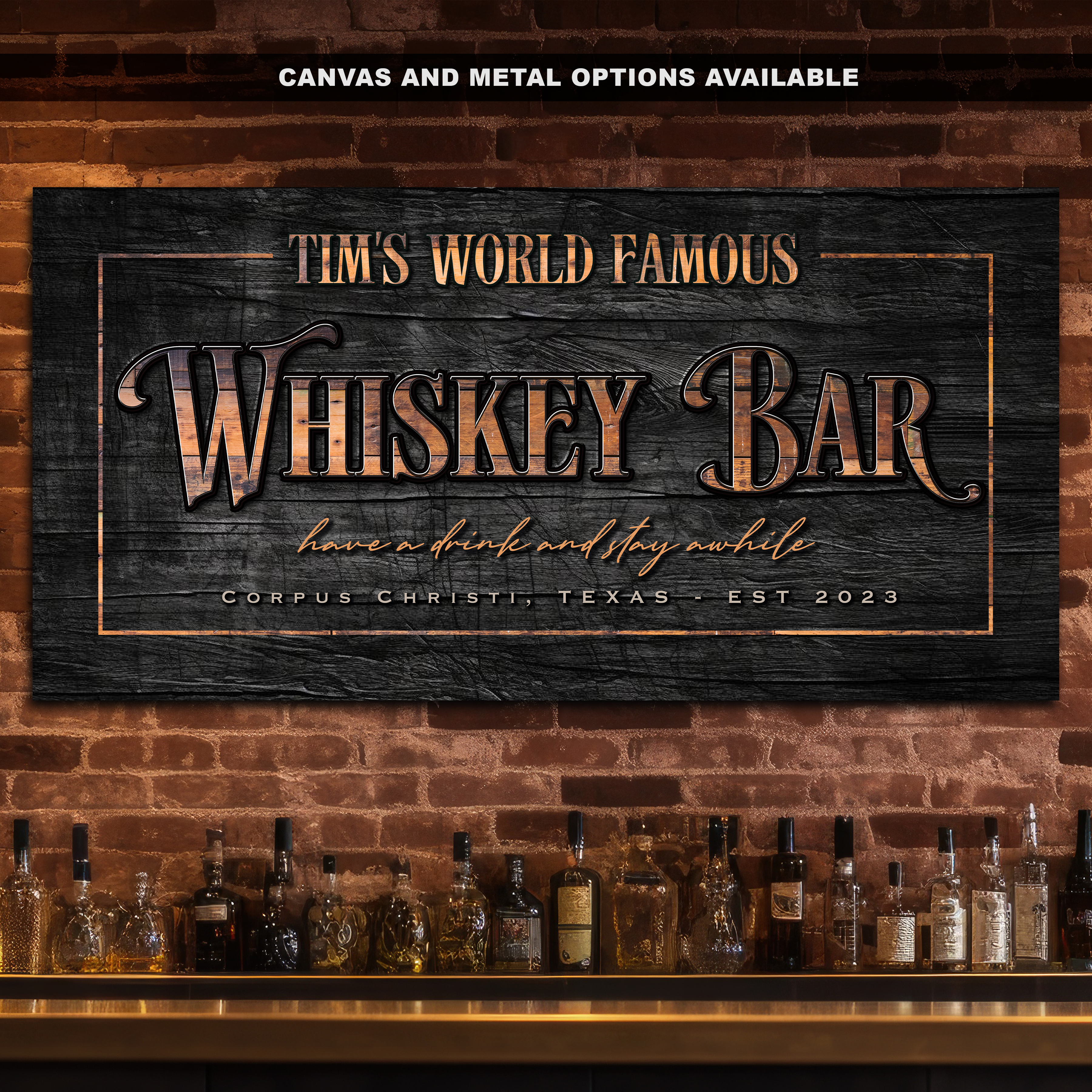 Whiskey Bar Metal Sign | Personalized Wall Art for Home Bars - Charred Barrel