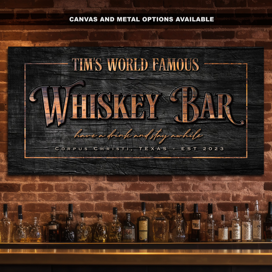 Custom Whiskey Bar Sign - Personalized Name, Established Date, and Location - Aluminum or Canvas - Perfect Home Bar Decor or New Home Gift