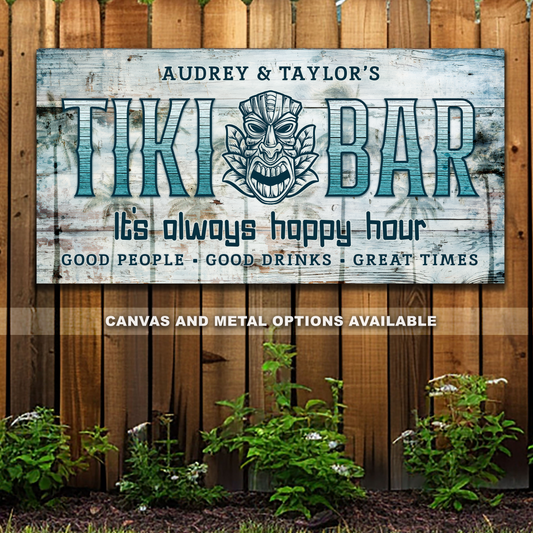 Custom Tiki Bar Sign #2 - Personalized Family Name Aluminum or Canvas Wall Art - Indoor & Outdoor Decor - Multiple Sizes Available