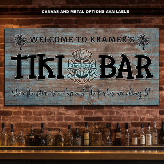 Custom Tiki Bar Sign #7 - Personalized Name, Established Date, and Location - Aluminum or Canvas - Perfect Home Bar Decor or New Home Gift