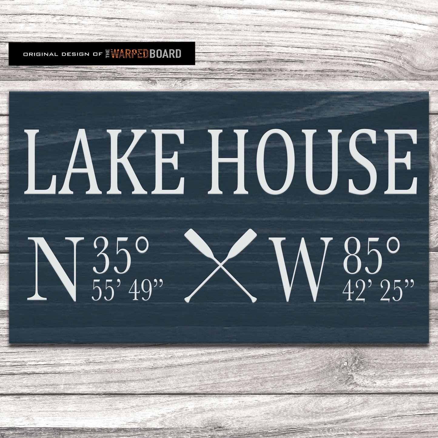 Lake House sign with custom coordinates and crossed paddles
