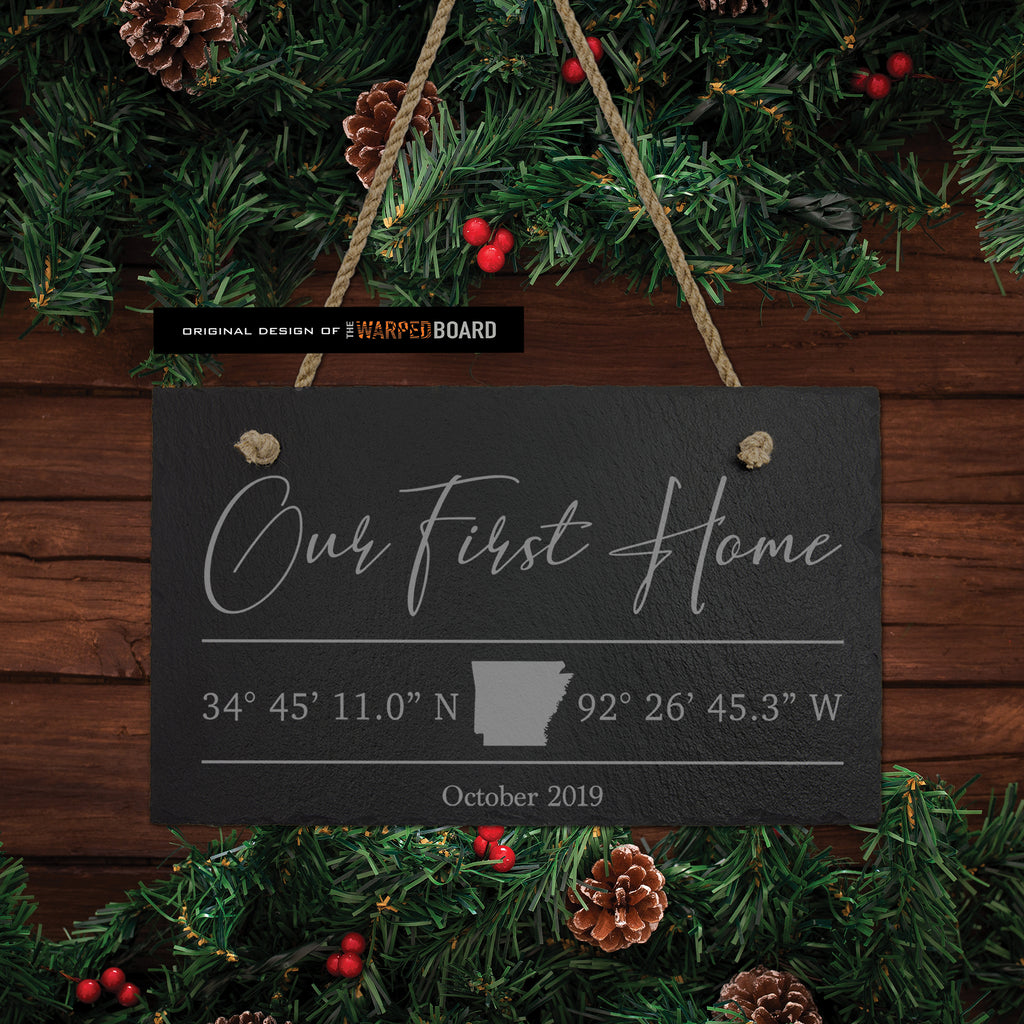 Our First Home with GPS Coordinates Engraved on Slate Tile