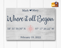 Personalized Where It All Began canvas sign with GPS coordinates