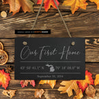 Our First Home with GPS Coordinates Engraved on Slate Tile