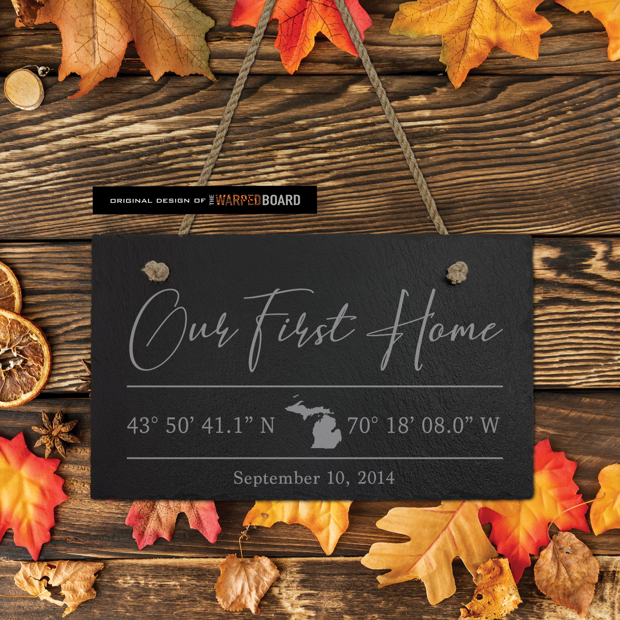 Our First Home with GPS Coordinates Engraved on Slate Tile