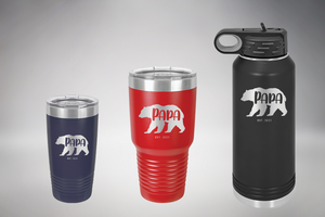 Papa Bear with Est. Date Custom Engraved Tumbler, Water Bottle, Stemless Wine Glass, Pilsner, Pint Mug