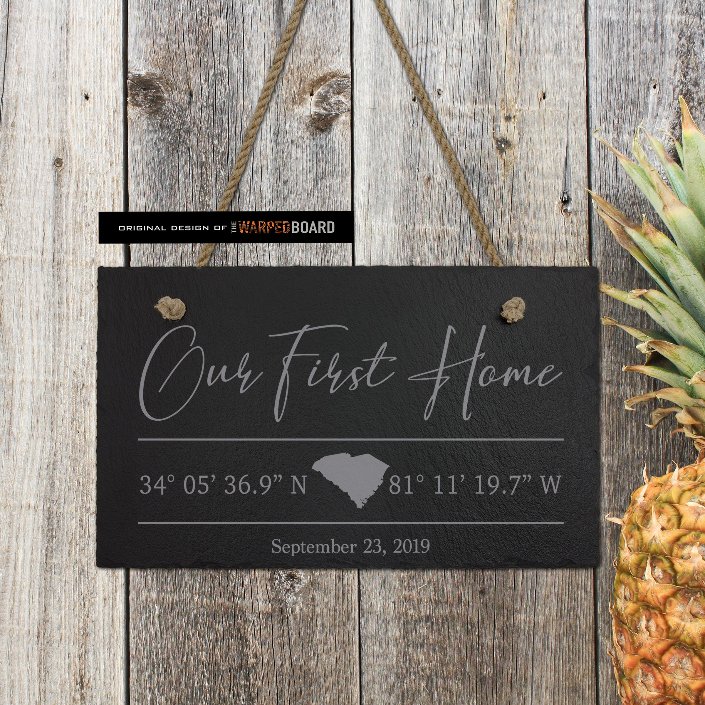 Our First Home with GPS Coordinates Engraved on Slate Tile