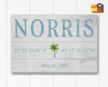 Personalized family name canvas sign with GPS coordinates