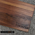 Personalized walnut cutting board with family name and established date engraving