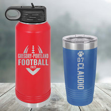 Load image into Gallery viewer, Football Custom Engraved Tumbler, Water Bottle &amp; Stemless Wine Glass
