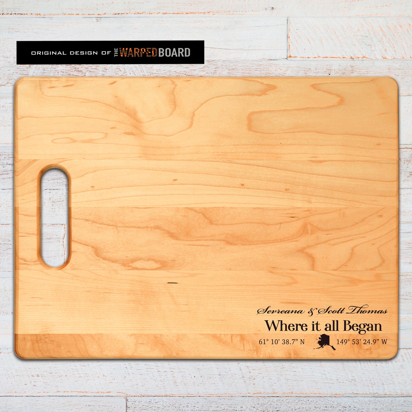 Where it all began sign with custom coordinates and state Maple Cutting Board