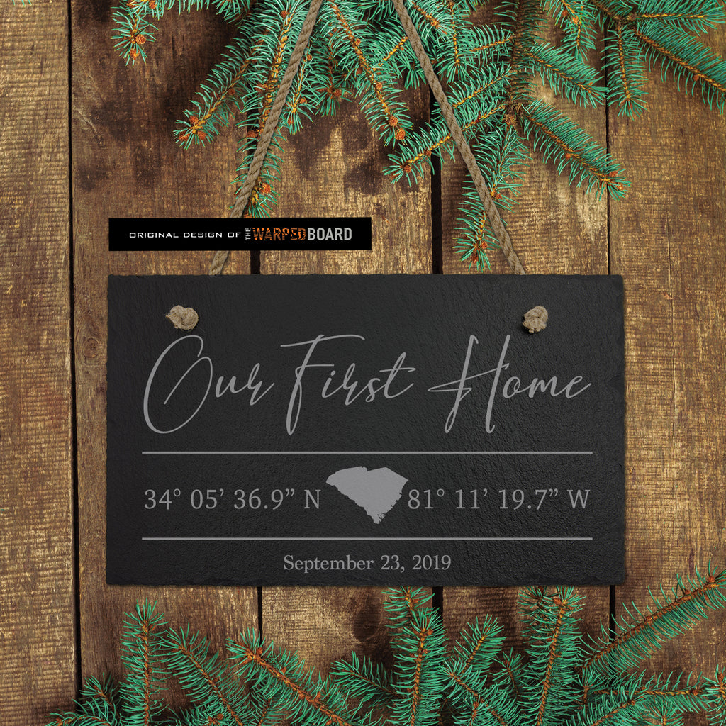Our First Home with GPS Coordinates Engraved on Slate Tile