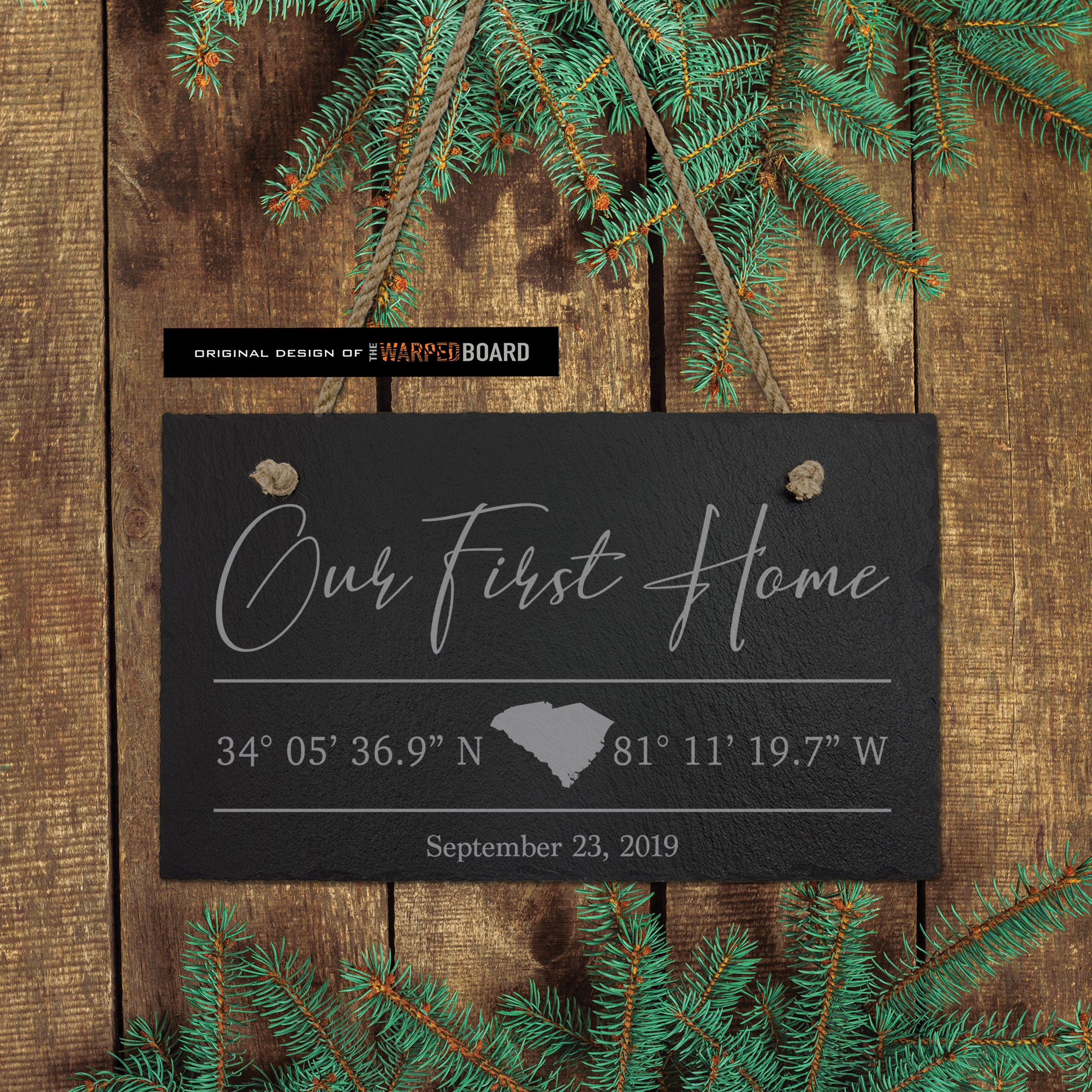 Our First Home with GPS Coordinates Engraved on Slate Tile
