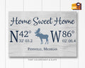 Personalized Home Sweet Home canvas sign with GPS coordinates