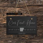 Our First Home with GPS Coordinates Engraved on Slate Tile