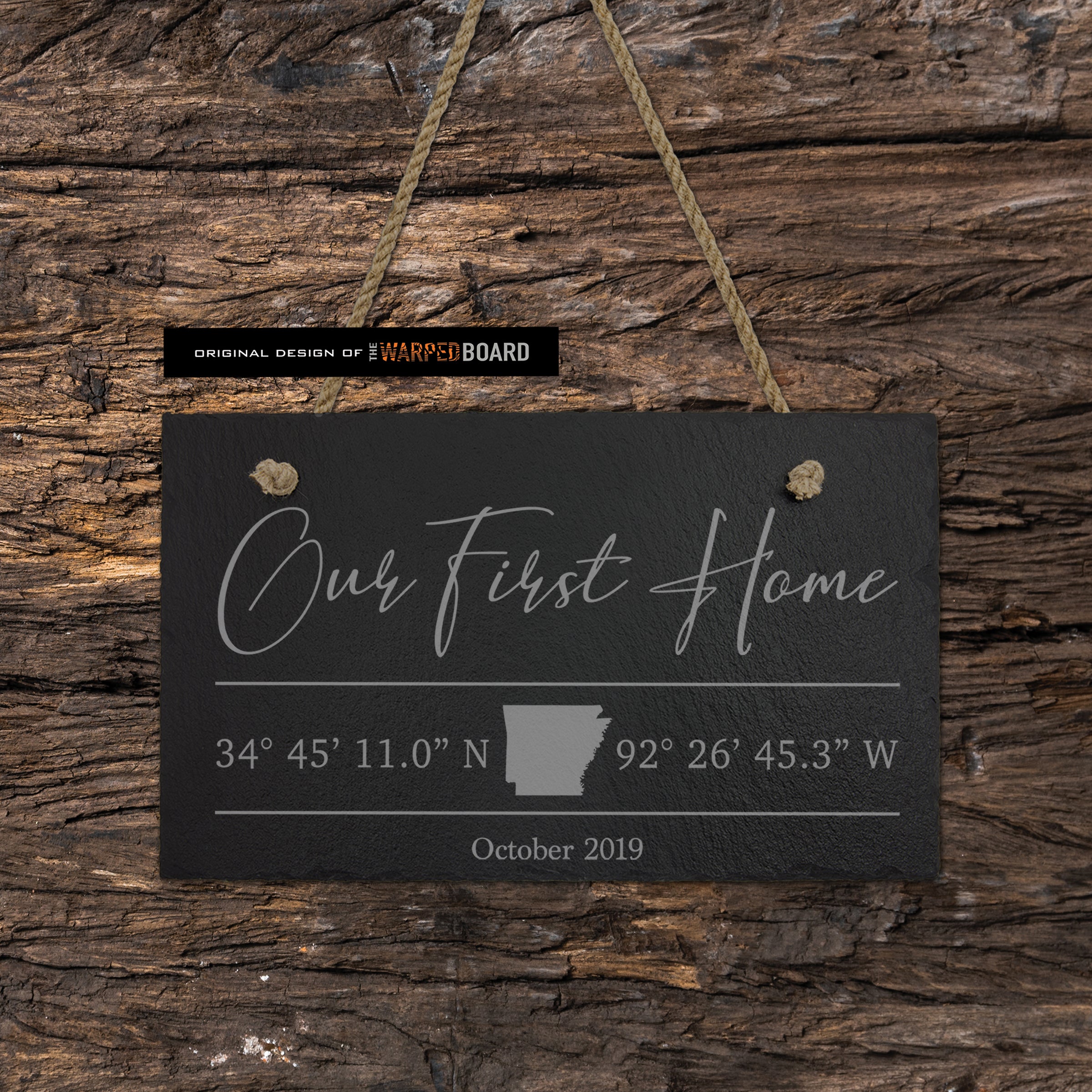 Our First Home with GPS Coordinates Engraved on Slate Tile
