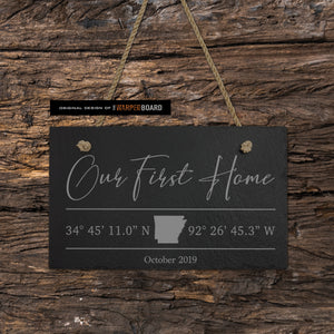 Our First Home with GPS Coordinates Engraved on Slate Tile